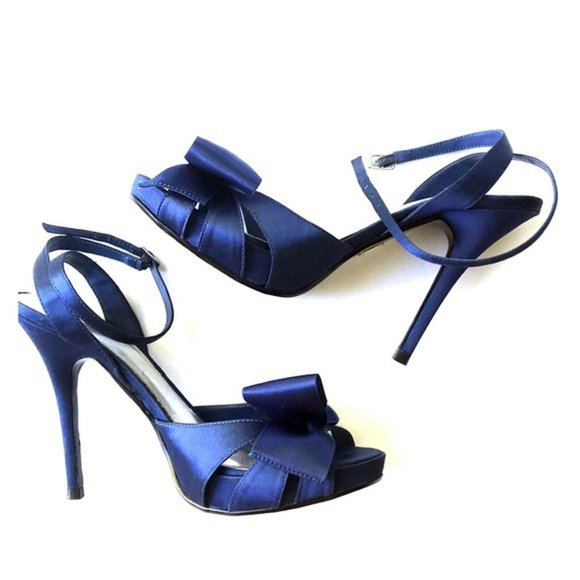 Bakers Shoes Vintage Bakers Navy Satin Bow Ankle Strap Heels 7